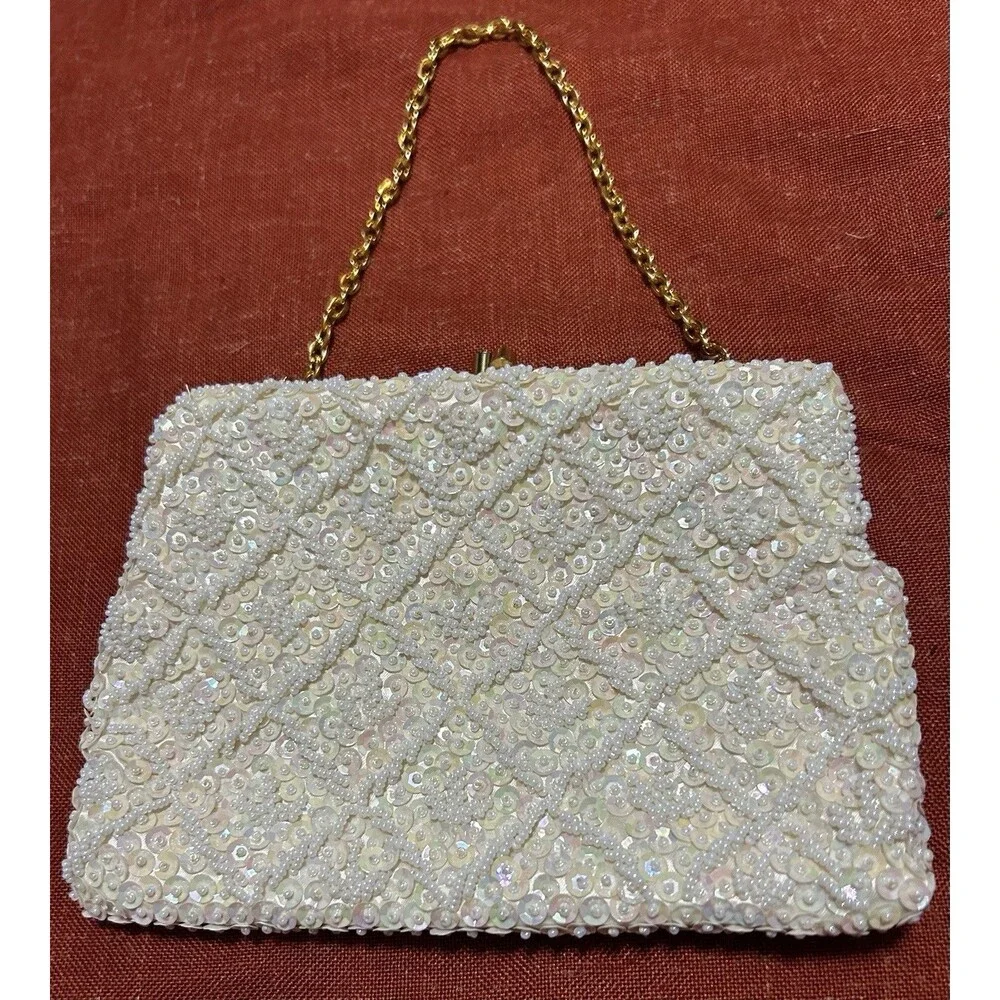 Vintage 50s La Regale Ivory White Beaded Sequin Clutch Bag Purse Gloves Set